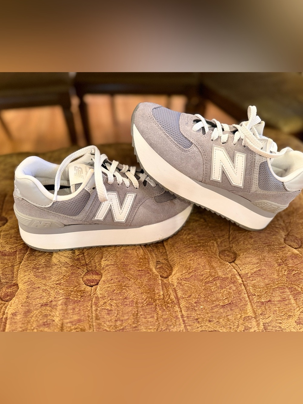 New Balance 574+ Platform Grey Suede Mesh Chunky Sneakers Womens 7.5 WL574ZSD